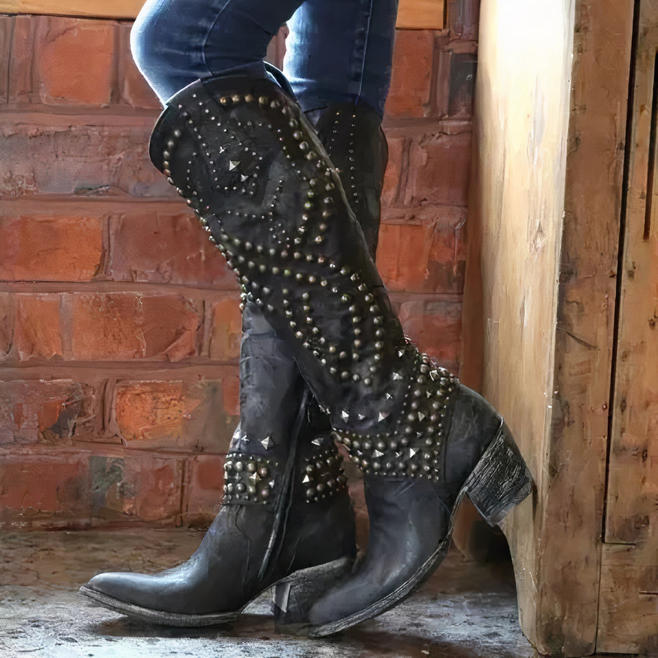Alyssa | Women’s Studded Cowboy Boots with Chunky Heel